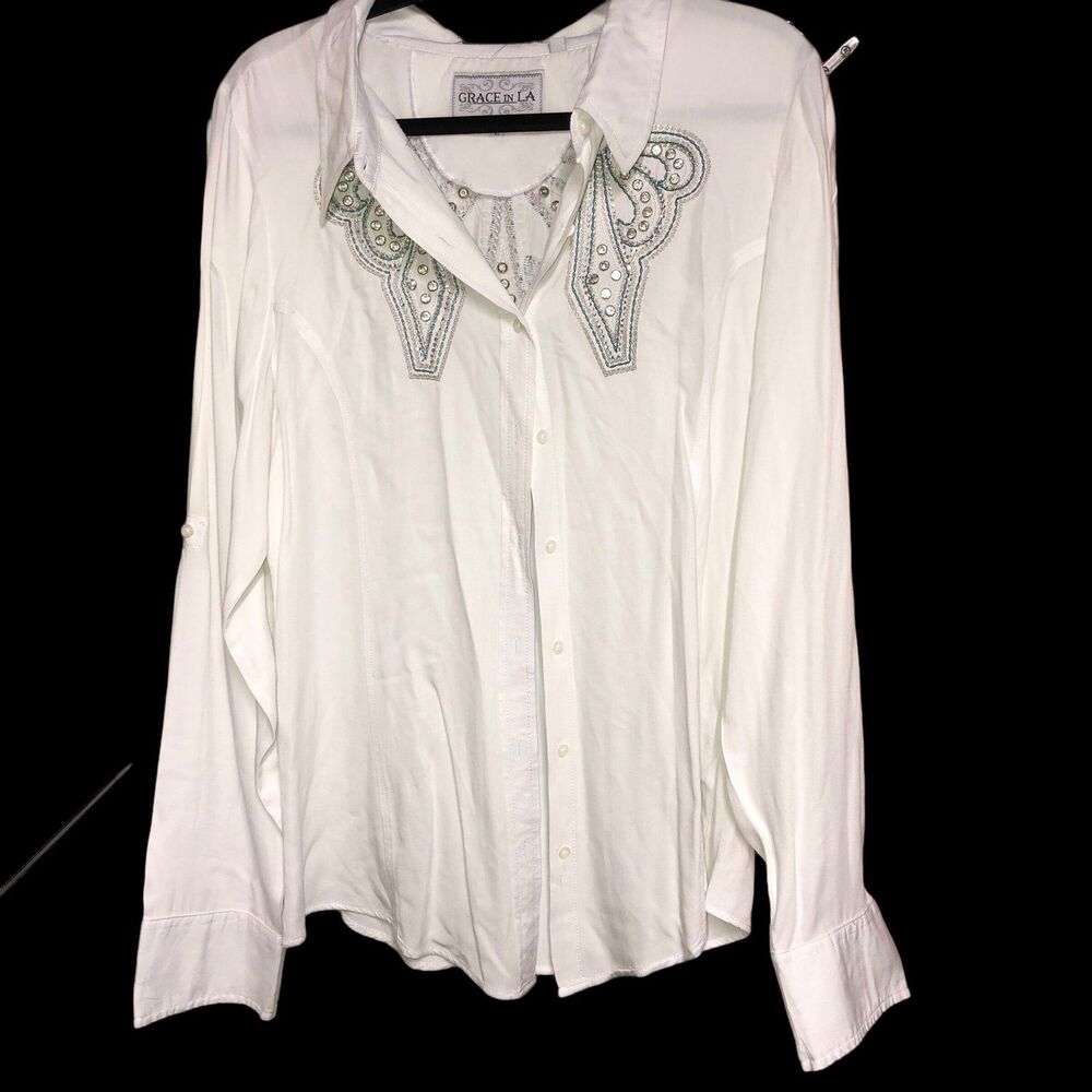Grace in L.A. Heavily Embellished Western Style Button-up Shirt, Roll-tab Sleeve